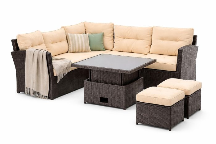 Set mobilier gradina coltar 5 piese, canapea colt, 2 tabureti si masa reglabila pe inaltime, ratan PE, 179x69x73 cm, maro si crem [4]