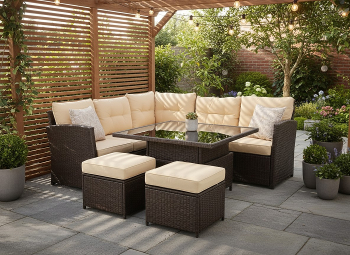 Set mobilier gradina coltar 5 piese, canapea colt, 2 tabureti si masa reglabila pe inaltime, ratan PE, 179x69x73 cm, maro si crem [12]