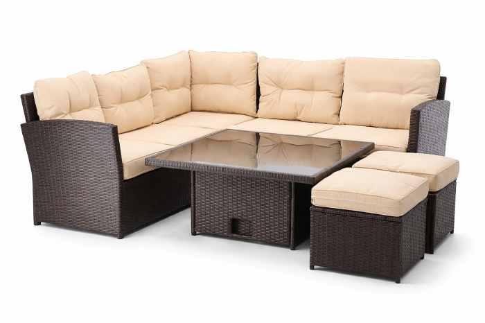 Set mobilier gradina coltar 5 piese, canapea colt, 2 tabureti si masa reglabila pe inaltime, ratan PE, 179x69x73 cm, maro si crem [5]