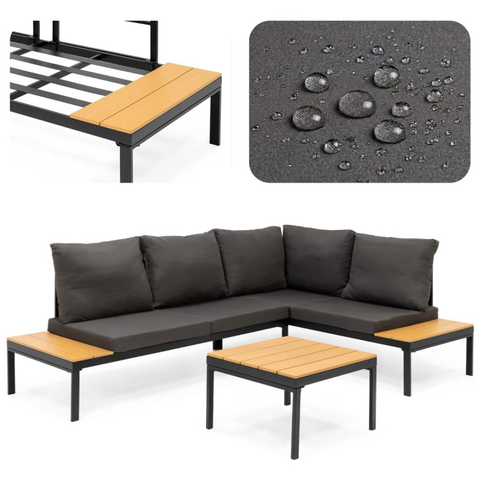 Set mobilier gradina coltar cu masa, separabil in 2 canapele tip sezlong, perne impermeabile, cadru metalic, gri si maro [3]