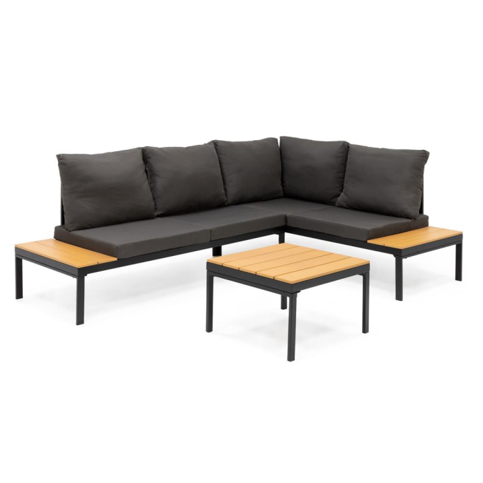 Set mobilier gradina coltar cu masa, separabil in 2 canapele tip sezlong, perne impermeabile, cadru metalic, gri si maro [2]