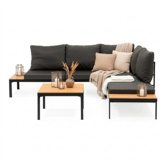 Set mobilier gradina coltar cu masa, separabil in 2 canapele tip sezlong, perne impermeabile, cadru metalic, gri si maro [6]
