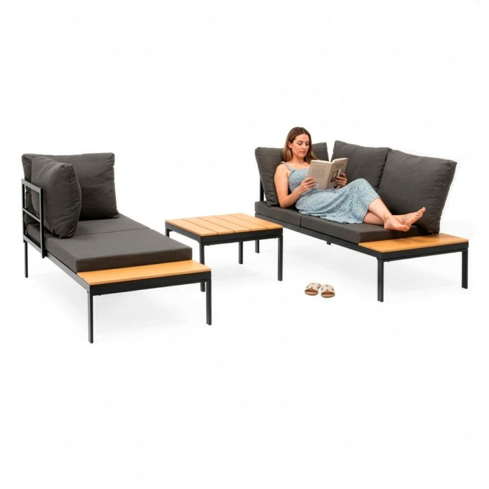 Set mobilier gradina coltar cu masa, separabil in 2 canapele tip sezlong, perne impermeabile, cadru metalic, gri si maro [23]