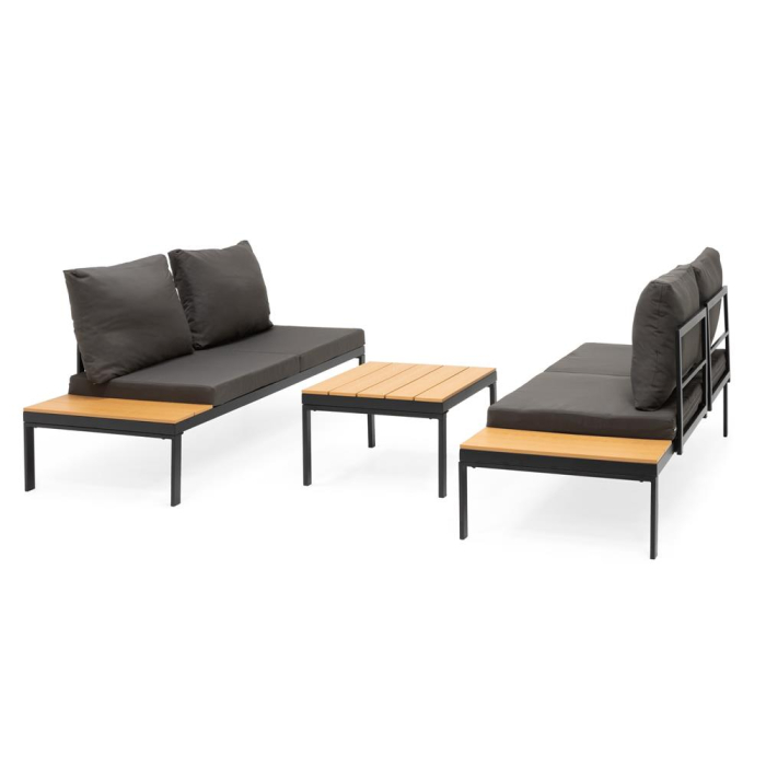 Set mobilier gradina coltar cu masa, separabil in 2 canapele tip sezlong, perne impermeabile, cadru metalic, gri si maro [19]