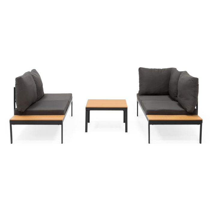 Set mobilier gradina coltar cu masa, separabil in 2 canapele tip sezlong, perne impermeabile, cadru metalic, gri si maro [21]