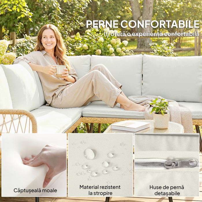  Set Mobilier Gradina din Ratan, 4 Piese in Forma de L, cu 2 Canapele, Coltar, Masuta de Cafea si Perne, Cadru din Otel, pentru Balcon sau Terasa, Natural/Crem [6]