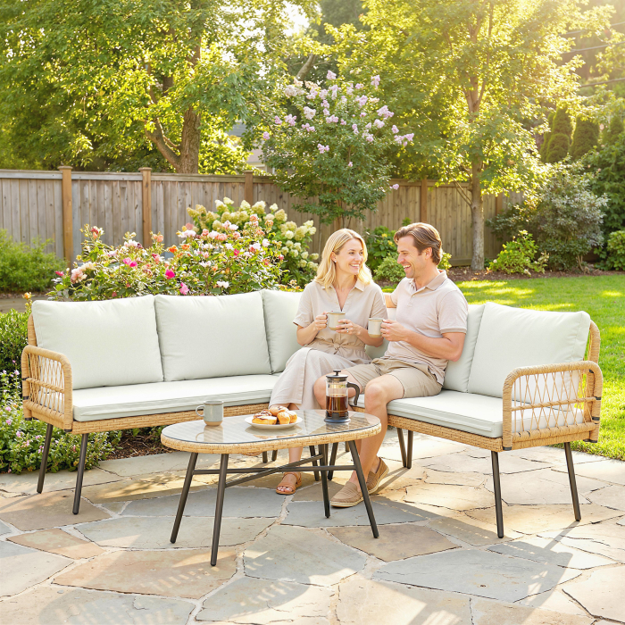  Set Mobilier Gradina din Ratan, 4 Piese in Forma de L, cu 2 Canapele, Coltar, Masuta de Cafea si Perne, Cadru din Otel, pentru Balcon sau Terasa, Natural/Crem [2]