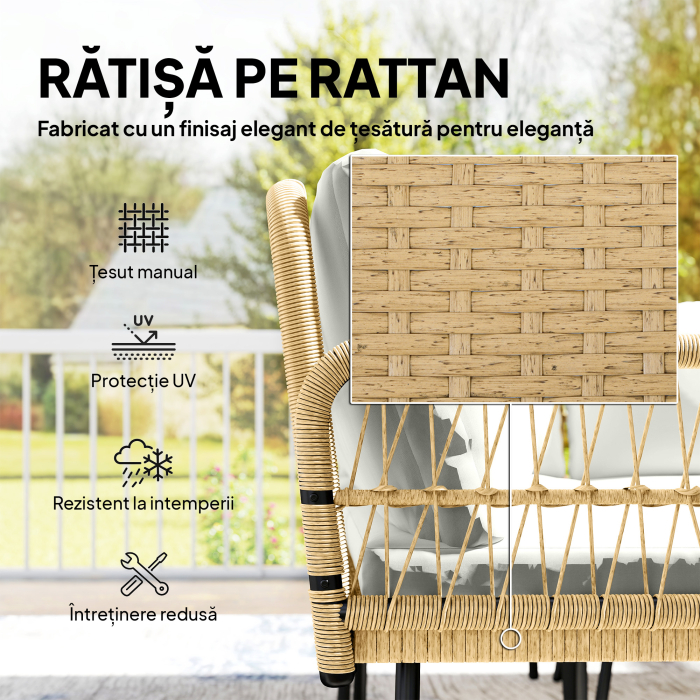  Set Mobilier Gradina din Ratan, 4 Piese in Forma de L, cu 2 Canapele, Coltar, Masuta de Cafea si Perne, Cadru din Otel, pentru Balcon sau Terasa, Natural/Crem [5]