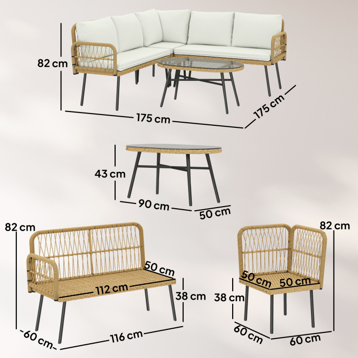 Set Mobilier Gradina din Ratan, 4 Piese in Forma de L, cu 2 Canapele, Coltar, Masuta de Cafea si Perne, Cadru din Otel, pentru Balcon sau Terasa, Natural/Crem [3]