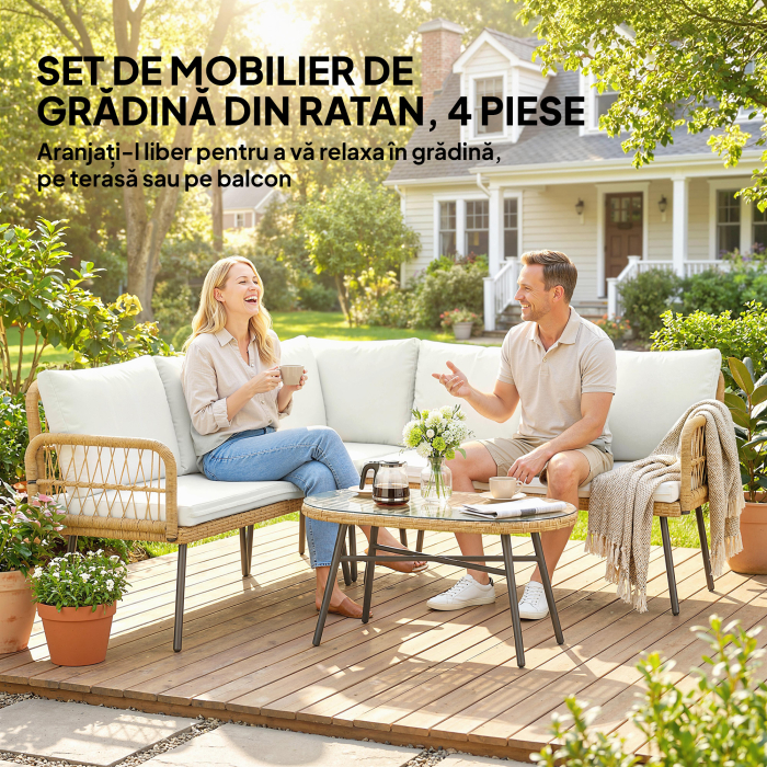  Set Mobilier Gradina din Ratan, 4 Piese in Forma de L, cu 2 Canapele, Coltar, Masuta de Cafea si Perne, Cadru din Otel, pentru Balcon sau Terasa, Natural/Crem [4]