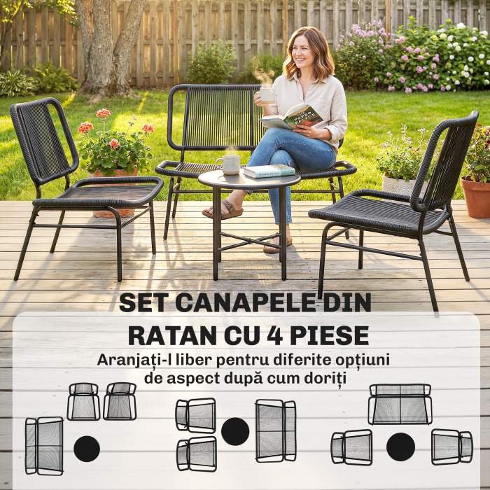  Set Mobilier Gradina Ratan 4 Piese, Canapea pentru Exterior cu Masuta Metalica, Negru [4]