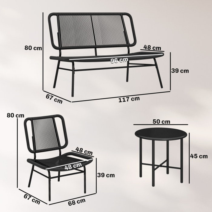  Set Mobilier Gradina Ratan 4 Piese, Canapea pentru Exterior cu Masuta Metalica, Negru [3]