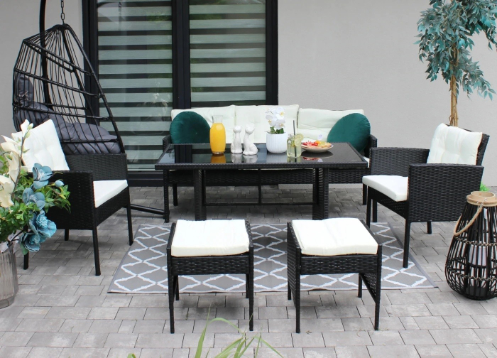 Set mobilier gradina Vaduz 6 piese, canapea 3 locuri, 2 fotolii, 2 tabureti si masa, ratan sintetic, blat sticla, negru si crem [3]
