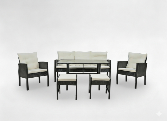 Set mobilier gradina Vaduz 6 piese, canapea 3 locuri, 2 fotolii, 2 tabureti si masa, ratan sintetic, blat sticla, negru si crem [5]