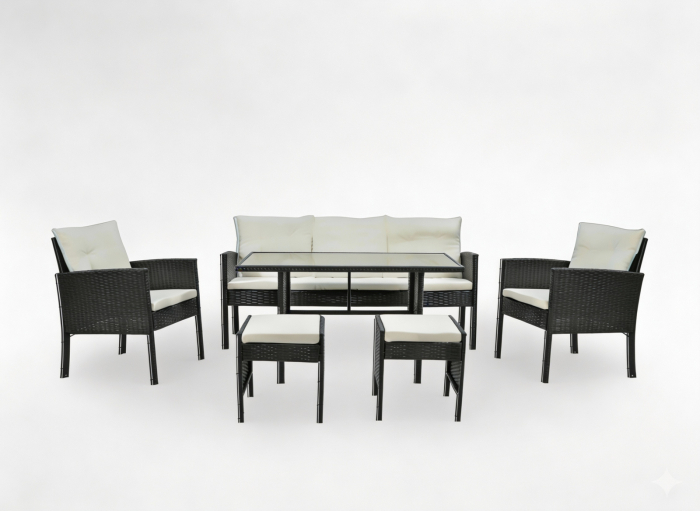 Set mobilier gradina Vaduz 6 piese, canapea 3 locuri, 2 fotolii, 2 tabureti si masa, ratan sintetic, blat sticla, negru si crem [6]