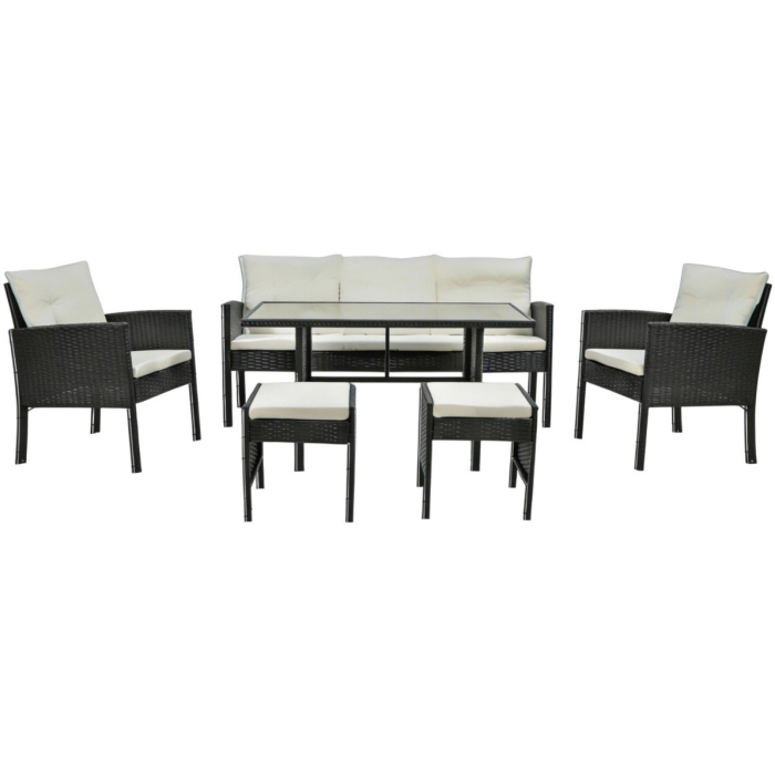 Set mobilier gradina Vaduz 6 piese, canapea 3 locuri, 2 fotolii, 2 tabureti si masa, ratan sintetic, blat sticla, negru si crem [2]