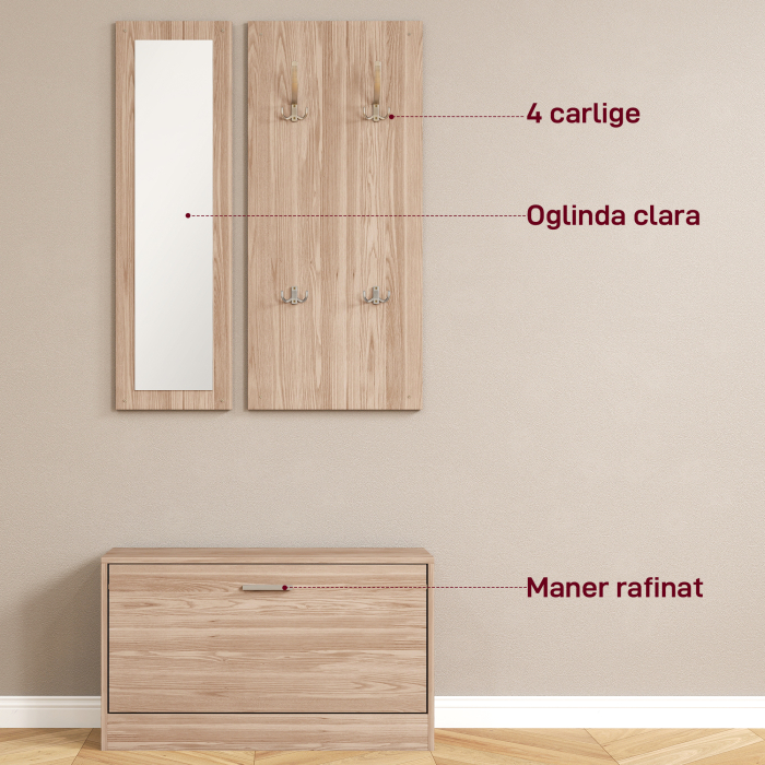  Set Mobilier Hol cu Banca Pantofar, Cuier si Oglinda din Lemn [6]
