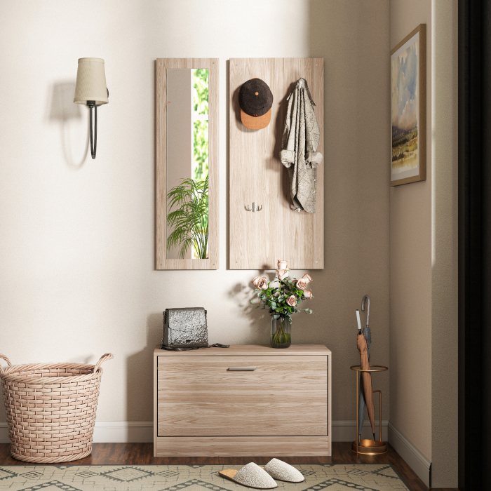  Set Mobilier Hol cu Banca Pantofar, Cuier si Oglinda din Lemn [8]