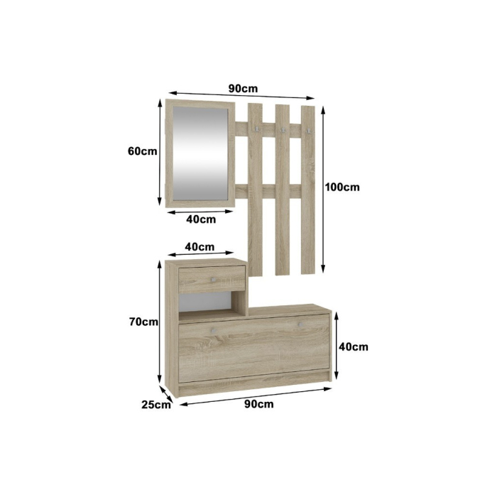 Set mobilier hol cu pantofar, oglinda, sertar si cuier metalic, PAL laminat, 90x25x170 cm, stejar sonoma [5]