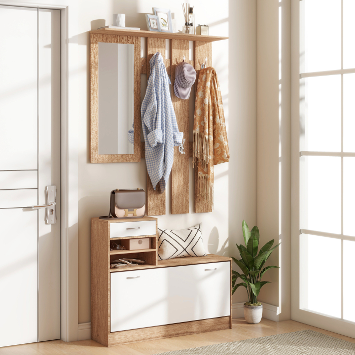  Set Mobilier Modern cu Etajera pentru Pantofi, Oglinda cu 6 Carlige, 2 Rafturi si Sertare, 90x24x177 cm, Lemn Natural [2]