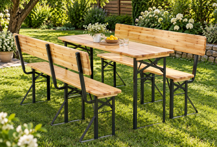 Set mobilier pliabil pentru gradina si evenimente, 3 piese, masa si 2 banci cu spatar pentru confort sporit, lemn de pin impregnat si lacuit, cadru di [4]