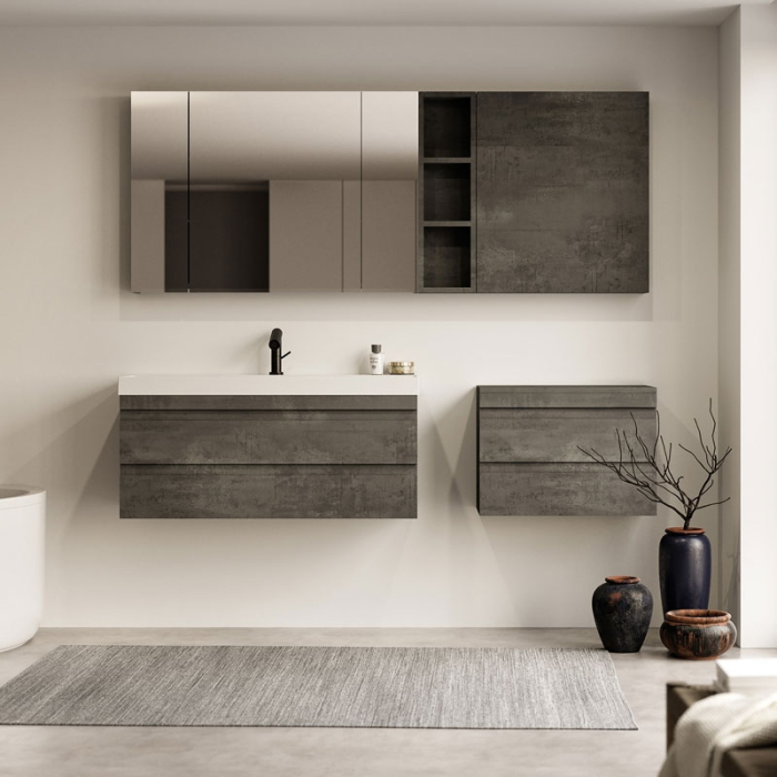 Set mobilier suspendat si lavoar Kolpasan Naomi, 100 cm, 2 sertare Soft Close, lavoar Kerrock, dark concrete [5]