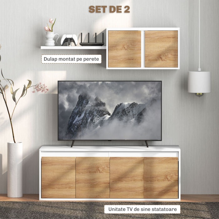  Set Mobilier TV si Dulap Suspendat cu 7 Rafturi si Raft Deschis, Mobilier pentru TV din PAL, 120x41x43,3 cm, Alb [4]