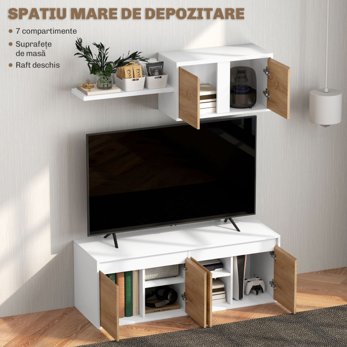  Set Mobilier TV si Dulap Suspendat cu 7 Rafturi si Raft Deschis, Mobilier pentru TV din PAL, 120x41x43,3 cm, Alb [5]