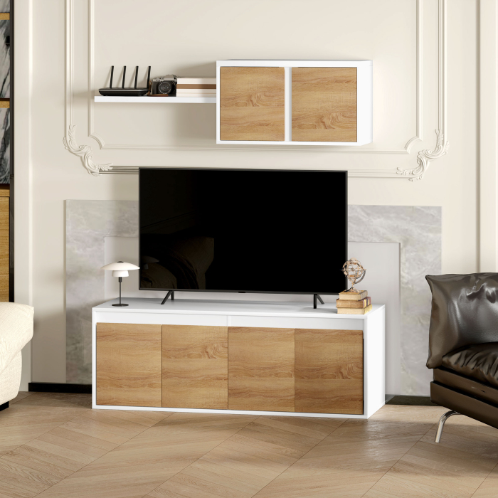  Set Mobilier TV si Dulap Suspendat cu 7 Rafturi si Raft Deschis, Mobilier pentru TV din PAL, 120x41x43,3 cm, Alb [7]