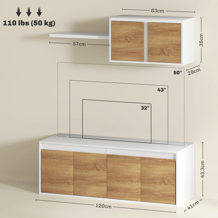  Set Mobilier TV si Dulap Suspendat cu 7 Rafturi si Raft Deschis, Mobilier pentru TV din PAL, 120x41x43,3 cm, Alb [3]