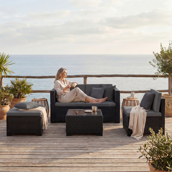  Set Modular de Gradina din Rattan cu Perne, Canapea de Colt Gri, 5 Piese [9]