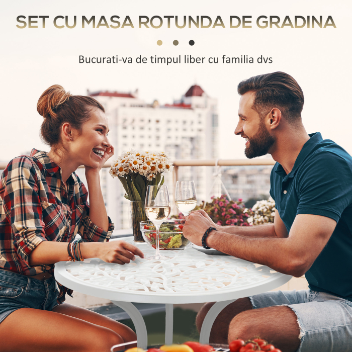 Set pentru gradina 3 bucati din aluminiu alb cu design floral, 2 scaune pentru exterior 45x42x85.5 cm si masa rotunda Ø61x66.5 cm [6]