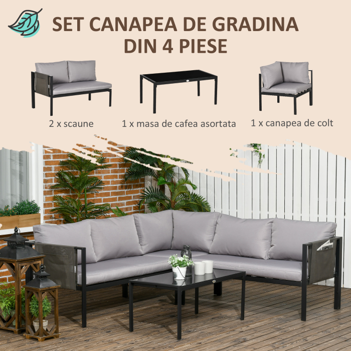  Set pentru gradina 4 bucati cu 2 canapele 2 locuri, fotoliu de colt si masuta de cafea din geam securizat, gri si negru [4]