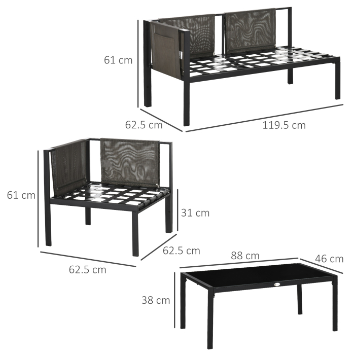  Set pentru gradina 4 bucati cu 2 canapele 2 locuri, fotoliu de colt si masuta de cafea din geam securizat, gri si negru [3]