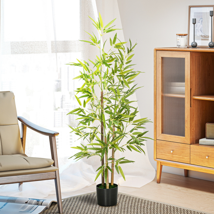  Set Plante Bambus Artificiale cu 3 Trunchiuri cu Ghiveci, Plante Artificiale din PP si Metal, 15x15x120 cm, Verde [7]