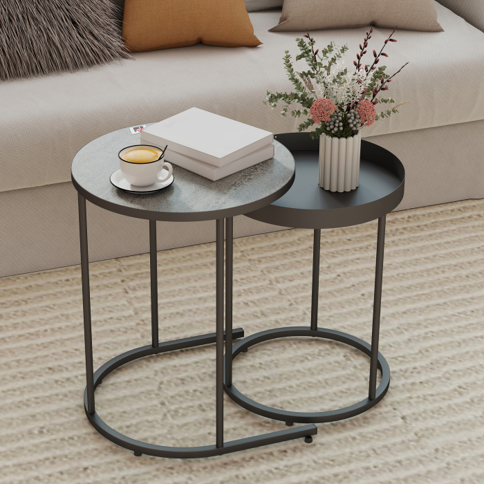  Set Rotund de Masute de Cafea Stivuibile - Gri [2]