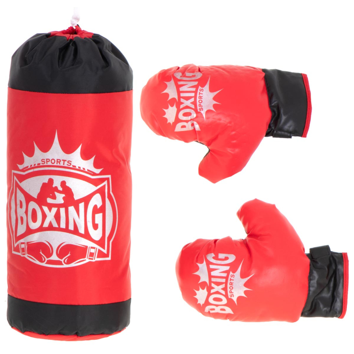 Set sac de box pentru copii 53x45 cm, cu manusi incluse, pentru antrenament acasa, rosu-negru [1]