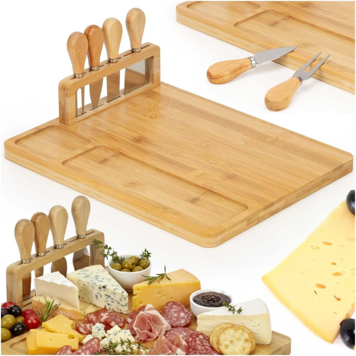 Set servire branzeturi platou bambus suport cutite 4 accesorii, 35x28x8 cm, design natural, maro natur [2]