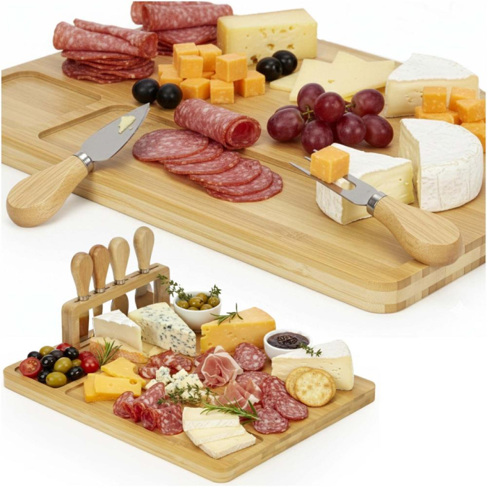 Set servire branzeturi platou bambus suport cutite 4 accesorii, 35x28x8 cm, design natural, maro natur [4]