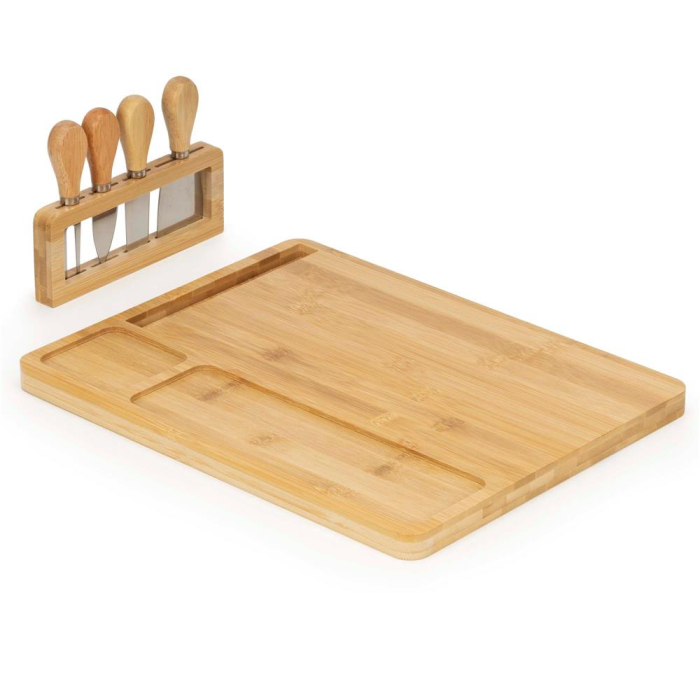 Set servire branzeturi platou bambus suport cutite 4 accesorii, 35x28x8 cm, design natural, maro natur [5]