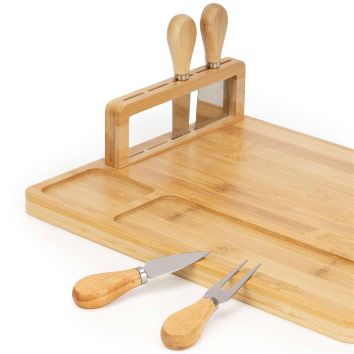 Set servire branzeturi platou bambus suport cutite 4 accesorii, 35x28x8 cm, design natural, maro natur [7]