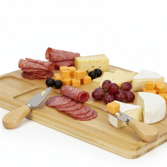 Set servire branzeturi platou bambus suport cutite 4 accesorii, 35x28x8 cm, design natural, maro natur [11]