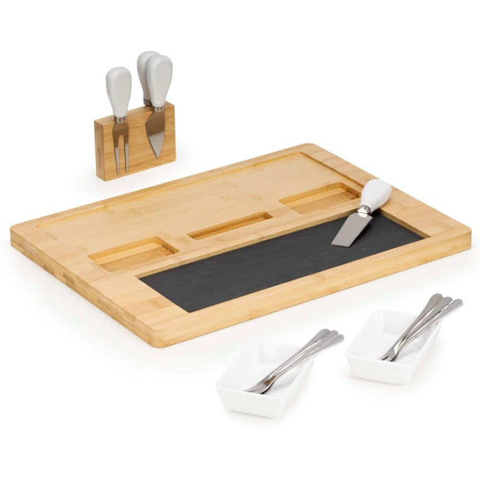 Set servire branzeturi platou bambus piatra 2 boluri 10 accesorii, 40x30x8 cm, design elegant, natur [7]