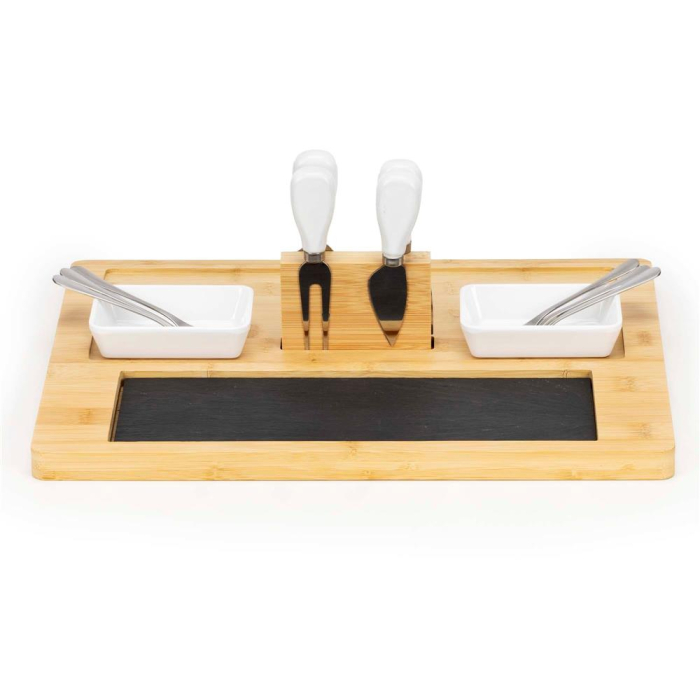 Set servire branzeturi platou bambus piatra 2 boluri 10 accesorii, 40x30x8 cm, design elegant, natur [8]