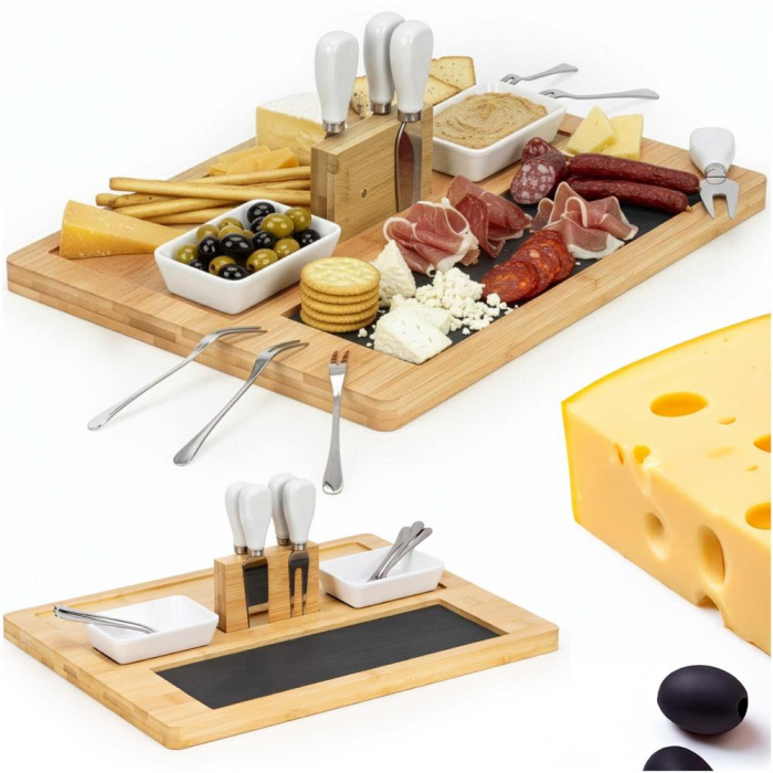 Set servire branzeturi platou bambus piatra 2 boluri 10 accesorii, 40x30x8 cm, design elegant, natur [2]