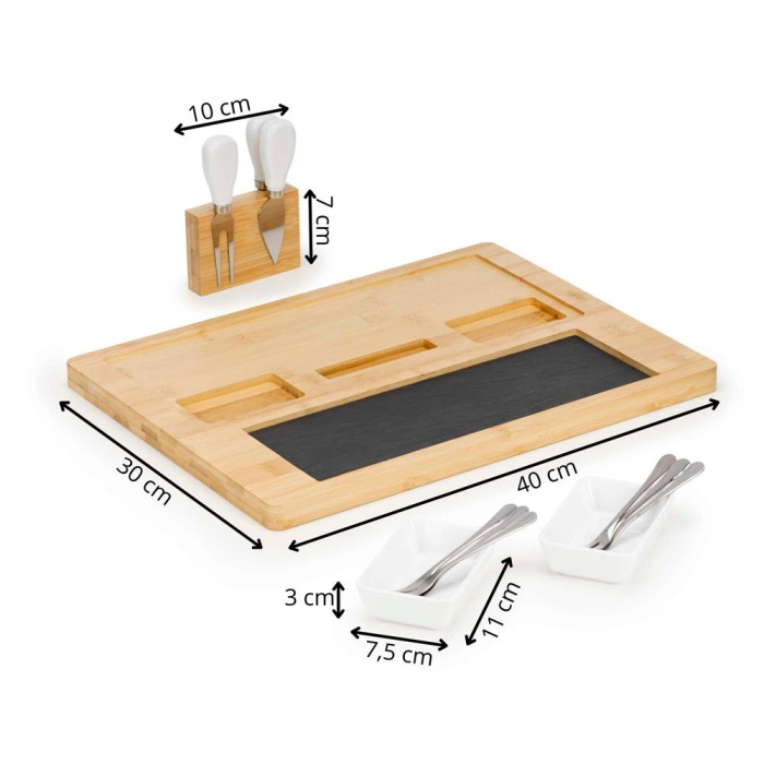 Set servire branzeturi platou bambus piatra 2 boluri 10 accesorii, 40x30x8 cm, design elegant, natur [17]