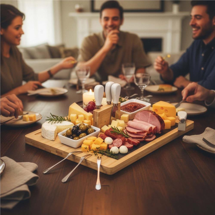 Set servire branzeturi platou bambus piatra 2 boluri 10 accesorii, 40x30x8 cm, design elegant, natur [16]