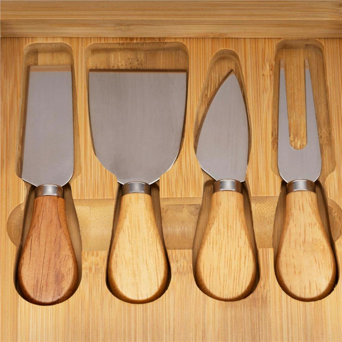 Set servire branzeturi platou bambus sertar glisant 4 accesorii, 33x33x4 cm, compact, maro natur [5]