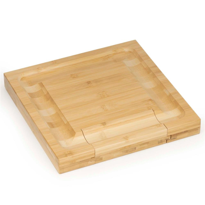 Set servire branzeturi platou bambus sertar glisant 4 accesorii, 33x33x4 cm, compact, maro natur [9]