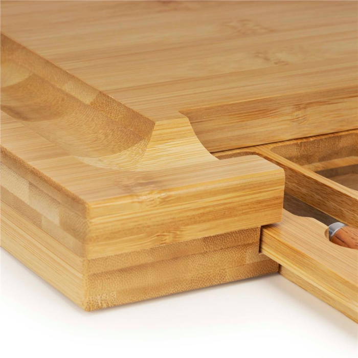 Set servire branzeturi platou bambus sertar glisant 4 accesorii, 33x33x4 cm, compact, maro natur [4]